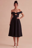Black Off the Shoulder Keyhole Midi A Line Formal Dress