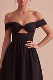 Black Off the Shoulder Keyhole Midi A Line Formal Dress