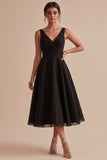 Black V-Neck Ruched A Line Midi Formal Dress