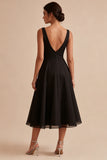 Black V-Neck Ruched A Line Midi Formal Dress