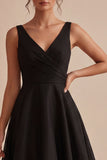 Black V-Neck Ruched A Line Midi Formal Dress