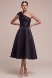 Black One Shoulder A Line Midi Formal Dress with Bow