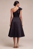 Black One Shoulder A Line Midi Formal Dress with Bow