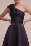 Black One Shoulder A Line Midi Formal Dress with Bow