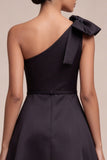 Black One Shoulder A Line Midi Formal Dress with Bow