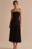 Black A Line Ruched Spaghetti Straps Midi Formal Dress