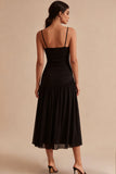 Black A Line Ruched Spaghetti Straps Midi Formal Dress