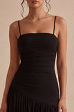 Black A Line Ruched Spaghetti Straps Midi Formal Dress