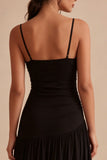Black A Line Ruched Spaghetti Straps Midi Formal Dress
