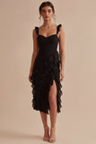 Black Ruffled Thick Straps Midi Formal Dress with Slit