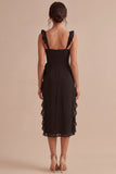 Black Ruffled Thick Straps Midi Formal Dress with Slit