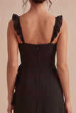 Black Ruffled Thick Straps Midi Formal Dress with Slit