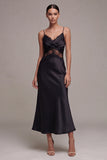 Black Mermaid Spaghetti Straps Midi Formal Dress with Lace
