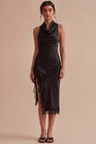 Backless Halter Midi Black Mermaid Formal Dress with Slit
