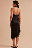 Black Halter Mermaid Midi Backless Formal Dress with Slit