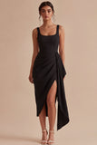 Black Scoop Bodycon Midi Ruched Formal Dress with Sash