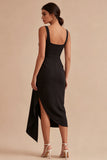 Black Scoop Bodycon Midi Ruched Formal Dress with Sash