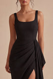Black Scoop Bodycon Midi Ruched Formal Dress with Sash