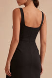 Black Scoop Bodycon Midi Ruched Formal Dress with Sash
