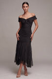 Black Off the Shoulder Mermaid Ruched Long Formal Dress with Ruffles