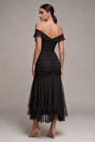 Black Off the Shoulder Mermaid Ruched Long Formal Dress with Ruffles