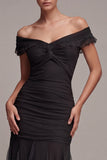 Black Off the Shoulder Mermaid Ruched Long Formal Dress with Ruffles