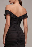 Black Off the Shoulder Mermaid Ruched Long Formal Dress with Ruffles