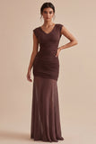 Brown V-Neck Ruched Long Mermaid Formal Dress