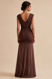Brown V-Neck Ruched Long Mermaid Formal Dress