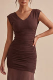 Brown V-Neck Ruched Long Mermaid Formal Dress