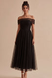 Black Off the Shoulder A Line Long Formal Dress