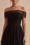 Black Off the Shoulder A Line Long Formal Dress