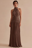 Dark Coffee Halter Pleated Long A Line Backless Formal Dress