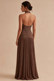 Dark Coffee Halter Pleated Long A Line Backless Formal Dress