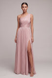Dusty Rose One Shoulder Pleated A Line Long Formal Dress with Slit