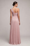 Dusty Rose One Shoulder Pleated A Line Long Formal Dress with Slit