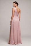 Dusty Rose One Shoulder Pleated A Line Long Formal Dress with Slit