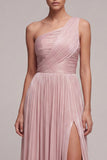 Dusty Rose One Shoulder Pleated A Line Long Formal Dress with Slit