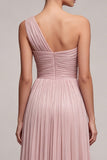 Dusty Rose One Shoulder Pleated A Line Long Formal Dress with Slit