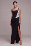 Black Square Neck Floral Mermaid Long Formal Dress with Slit