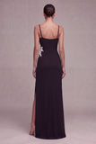 Black Square Neck Floral Mermaid Long Formal Dress with Slit