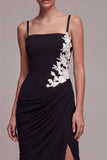 Black Square Neck Floral Mermaid Long Formal Dress with Slit