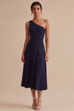 Navy One Shoulder A Line Long Formal Dress