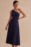 Navy One Shoulder A Line Long Formal Dress
