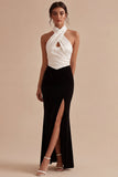 Black and White Halter Keyhole Backless Long Mermaid Formal Dress with Slit