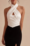 Black and White Halter Keyhole Backless Long Mermaid Formal Dress with Slit