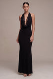 Black Halter Backless Mermaid Long Formal Dress with Lace