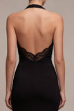 Black Halter Backless Mermaid Long Formal Dress with Lace