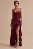 Burgundy Ruffled Spaghetti Straps Mermaid Long Formal Dress with Slit