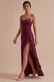 Burgundy Ruffled Spaghetti Straps Mermaid Long Formal Dress with Slit